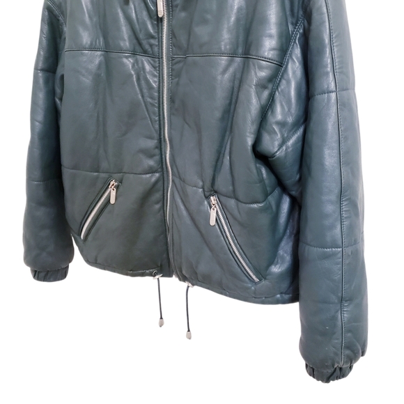 Vintage Unisex Hunter Green Leather Puffer Zip Up Boxy Jacket, Size M - Picture 4 of 10
